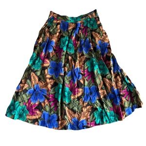 Leslie Fay Sportswear Vintage 90s Tropical Floral Rayon Midi Skirt Size 14 Missy
